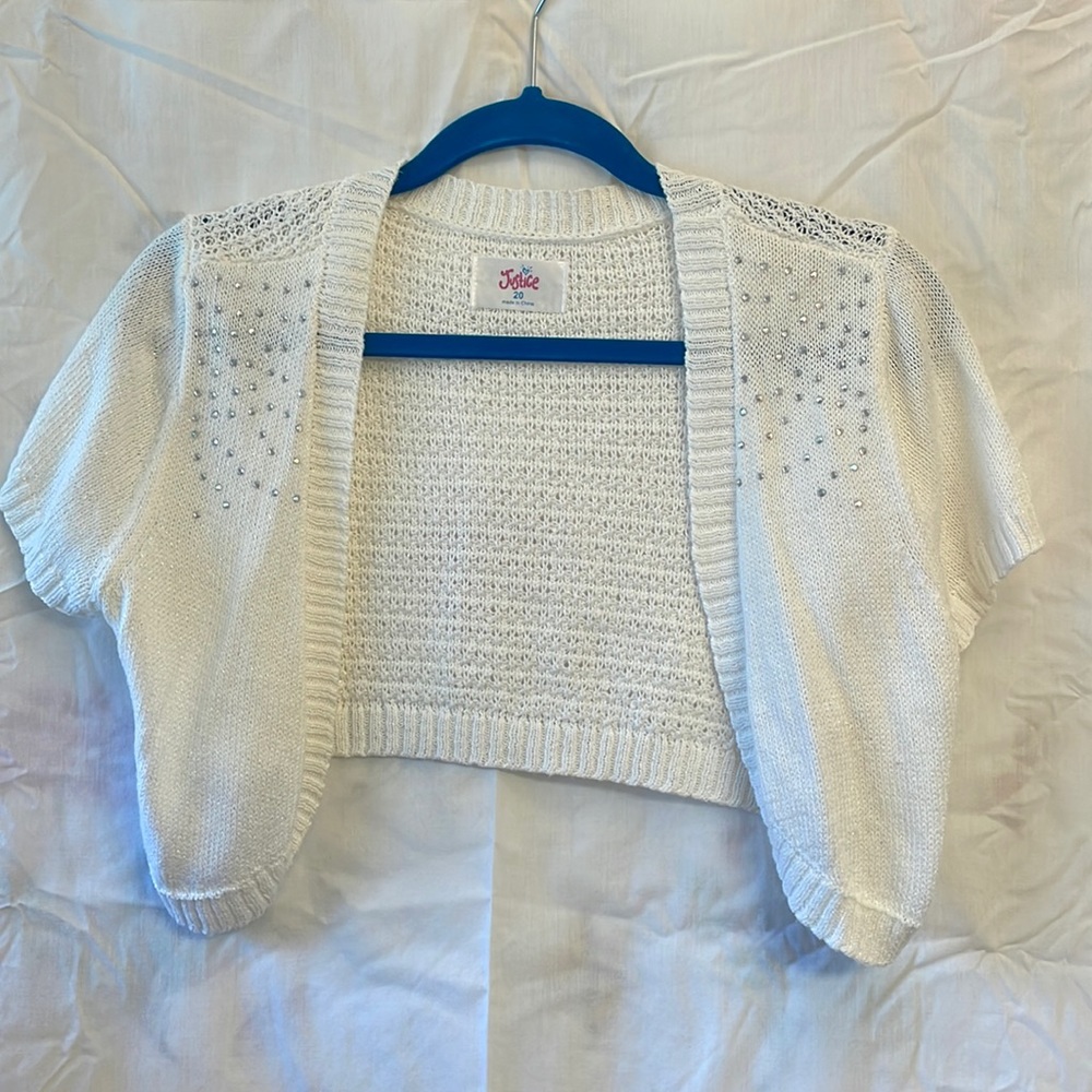 Justice brand knit shrug / cardigan, white with rhinestones. Youth size 20.